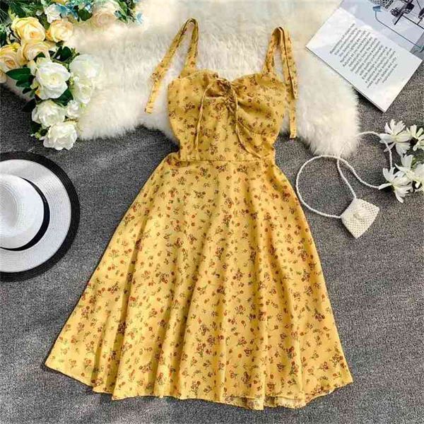 

women summer chiffon dress v neck bandage mini beach robe girls vintage floral dot printed spaghetti strap dresses 210525, Black;gray