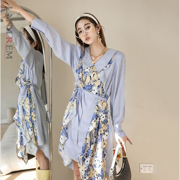 

women prniting striped empire dress lapel neck long sleeve loose fit fashion tide spring autumn 2f0201 210507, Black;gray