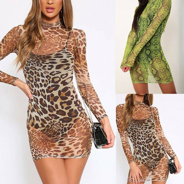 

short casual dress & snake printed mesh sheer long sleeve women leopard, Black;gray