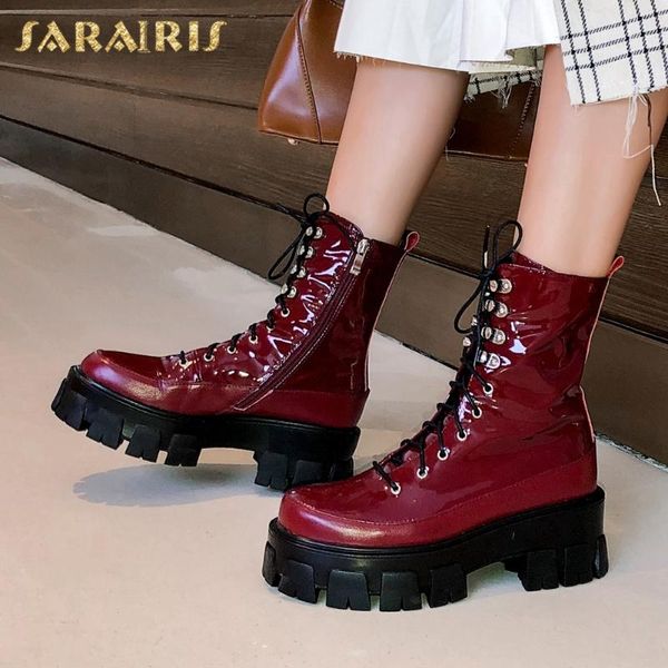 

boots sarairis 2021 fashion genuine leather street trend dance non-slip side zipper platform motorcycle woman shoes, Black