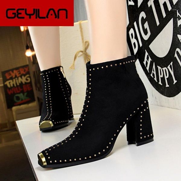 

boots 2021 suede metal square head rivet trendy ankle women shoes woman high heels female fashion booties sizes 34-401, Black