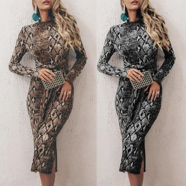 

casual dresses spring and autumn women's snake print slit tight-fitting hip dress slim round neck long sleeve party, Black;gray