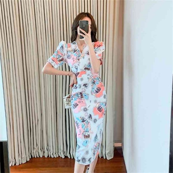 

v collar floral print split pencil dress women summer stylish boho bodycon slim sheath tunic vestidos bottoing dresses 210603, Black;gray