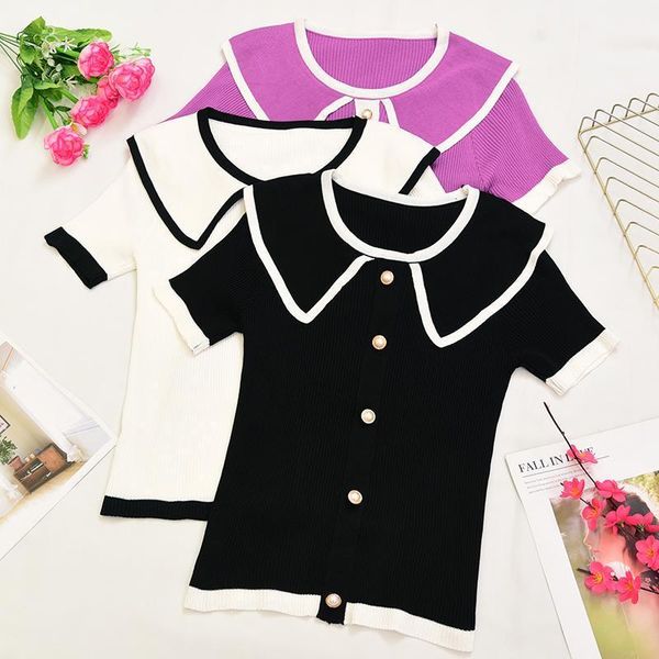 

women's t-shirt patchwork knit t-shirts women fashion sweet buttons lady short sleeve slim elegant pullovers girls, White