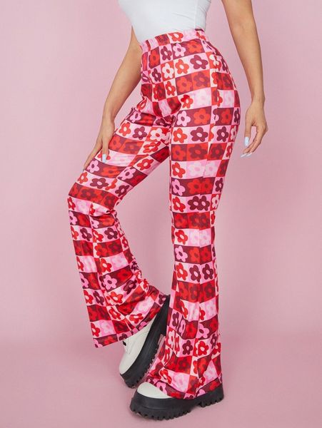 

high waisted floral print flare leg pants 34hu#, Black;white