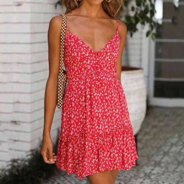 

women summer sundress backless v-neck beach dresses sleeveless spaghetti strap floral print boho red mini dress 210430, Black;gray