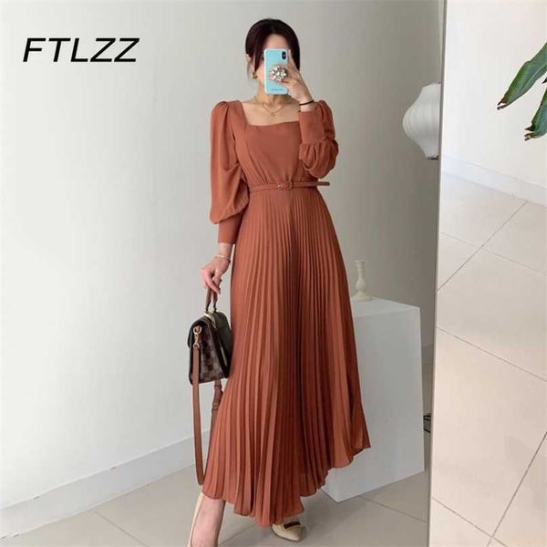 Frühling Herbst Elegante Plissee Kleid Frauen Slim Hohe Taille Langarm Vintage Square Hals Midi Es Damen Büro Wear 210525