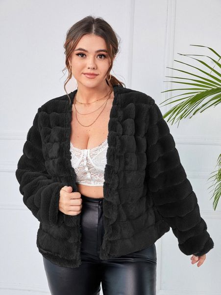 

plus open front fuzzy coat 91ai#, Black