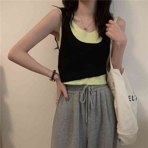

3 colors korean style camisole women knit tank female summer sleeveless faux two pieces crop womens (l178) 210423, White