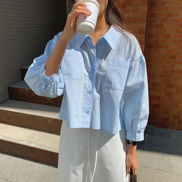 

women womens shirt solid blouse korean style chic single breasted turn down collar loose color ladies femme casual blusas, White