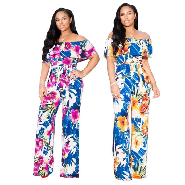 

women's jumpsuits & rompers tmustobe ruffle summer print jumpsuit female off shoulder beach wide leg women bodycon fashion casual bodys, Black;white