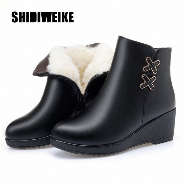 Neue Mode Stiefeletten für Frauen warme Naturwolle Stiefel bequeme Keilschuhe Frau j978 o1ul