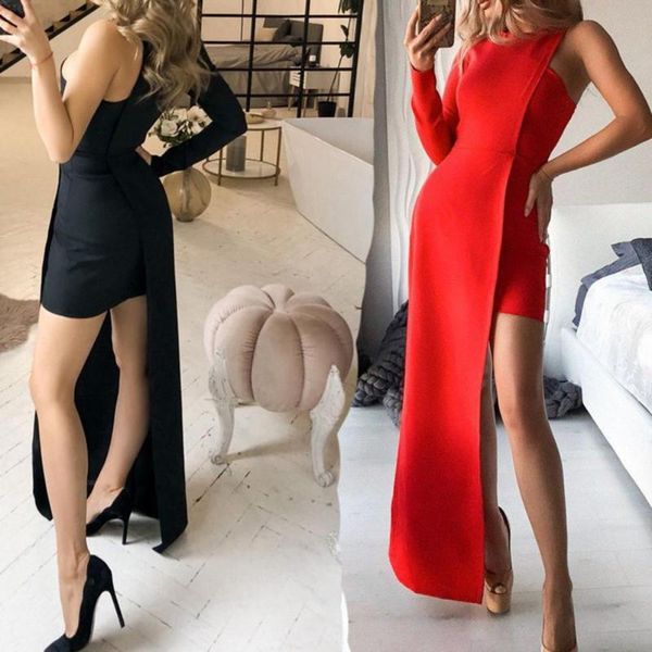 

casual dresses o-neck one shoulder long sleeve solid color dress women's fashion elegant party for women clothing, Black;gray