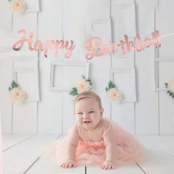

party decoration 1set happy birthday paper garland wall hanging banner rose gold blue flag children baby shower decor