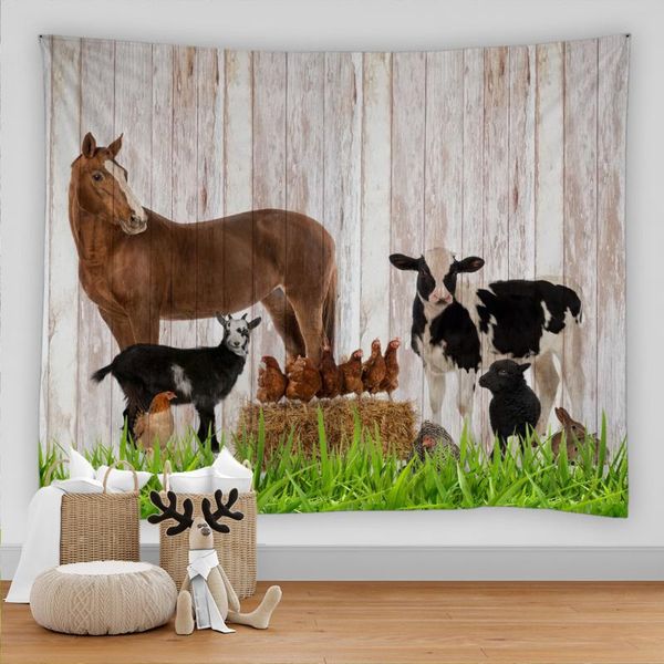 

tapestries vintage retro wood grain farm animal tapestry wall hanging flowers and plants horse cow chicken for home room decor