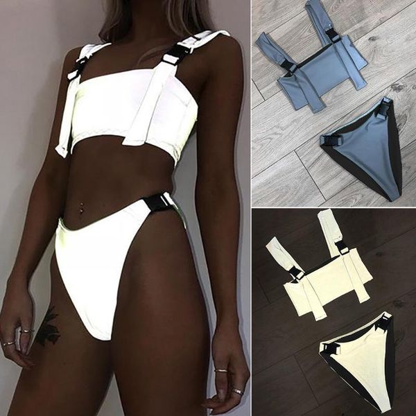 

women's swimwear outfits buckle women split stitching beach bodycon crop summer reflective flash fashion two piece shorts, White;black