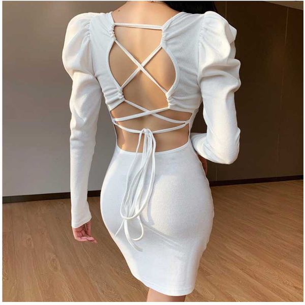 

casual dresses 2021 spring and autumn fashion women's solid color backless cross strap dress long sleeve puff female slim, Black;gray