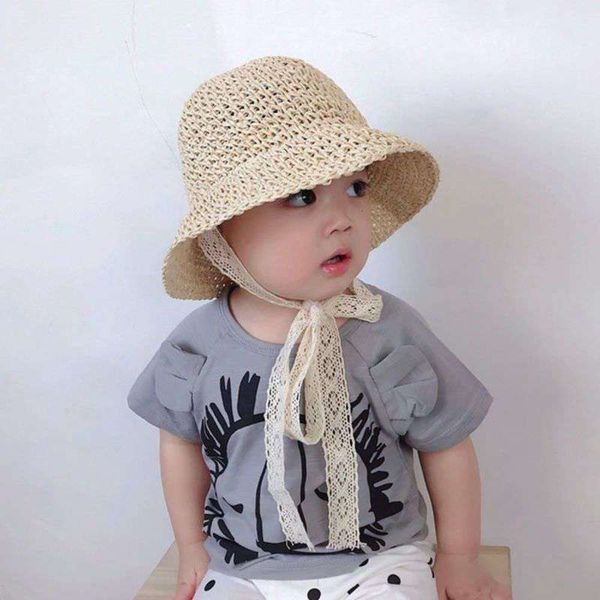 

children's hat women's summer sun protection travel beach hand woven lace foldable baby fisherman's hat, Yellow