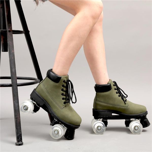 

inline & roller skates green pu leather double row woman skating shoes 4-wheels patines 6 color choice outdoor indoor europe size 36-46
