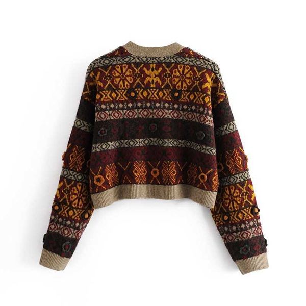 

women's knits & tees vintage 3d flower jacquard geometric knitted cardigan retro ugly sweater woman single-breast button long aoxg, White