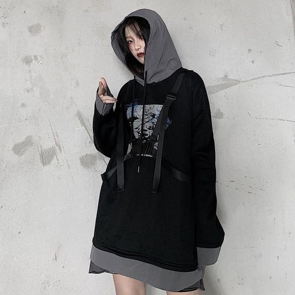

women's hoodies & sweatshirts women harajuku cool plush hooded sweater 2021 autumn winter loose bf hip hop, Black