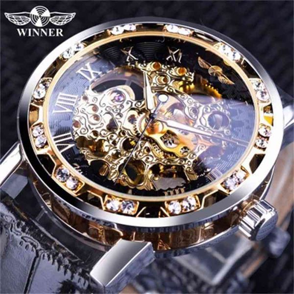 

winner / winner fashion hollow diamond men's manual mechanical belt watch, Slivery;brown