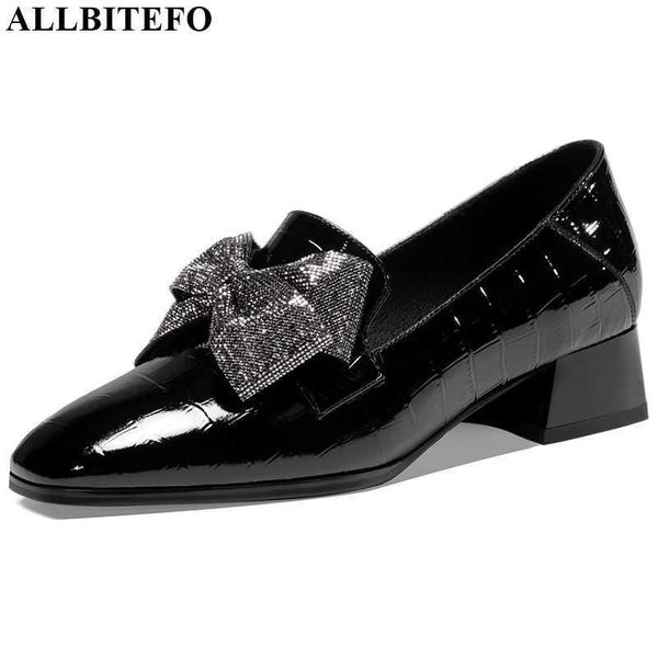 

allbitefo natural genuine leather high heel shoes elegant bow-knot women heels comfortable spring square toe high shoes 210611, Black