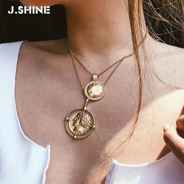 

jshine retro old punk geometric portrait coin pendant necklace double layer gold color alloy chokers for women jewelry necklaces, Silver