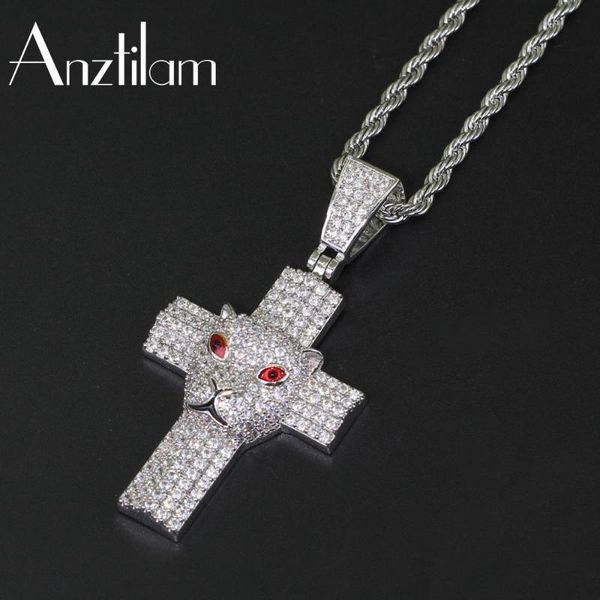 

pendant necklaces gold color hip hop zircon micro paved cross leopard animals necklace with long chain for men women rapper gift, Silver