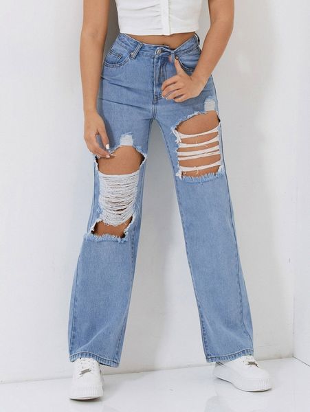 

petite high waisted ripped straight leg jeans e7om#, Blue