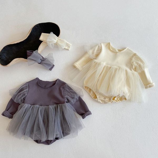 

spring autumn infant baby girls pure color rompers + hair band clothing kids girl long sleeve clothes 210429, White