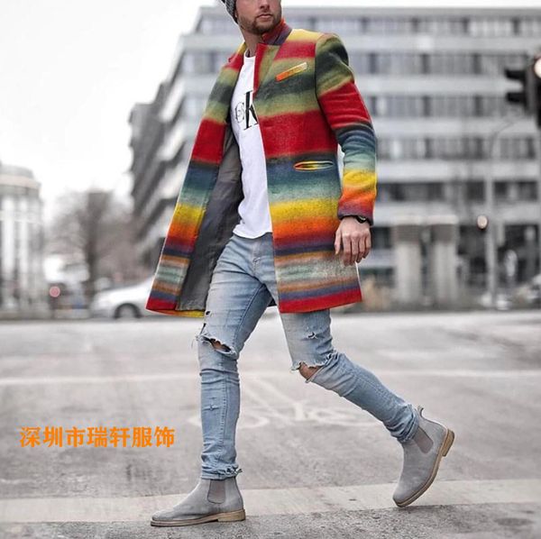 

Fashion Trench Coat Men' Casual Raiow Stripe Slim Mid Length Single Breasted Woolen Windbreaker, Rainbow