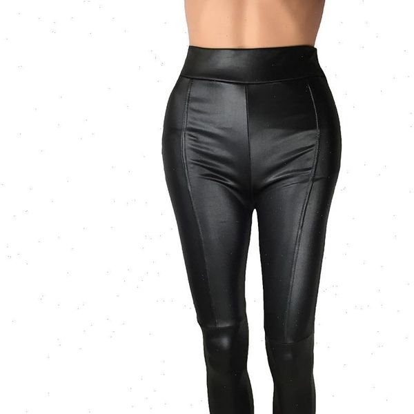 

solid color high waist womens leggings slim stretch faux leather pants trousers, Black