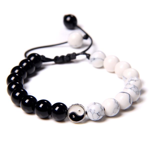 

yinyang bracelets taiji charm men howlite black onyx agat stone bead bracelet handmade woven jewelry balance energy women bangle