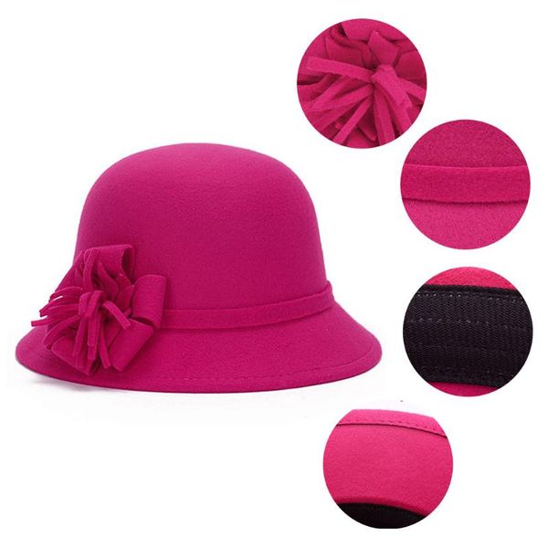 

women wool felt cap flowers church bowler hats retro ladies summer leisure playing with beach outdoor, Black;white