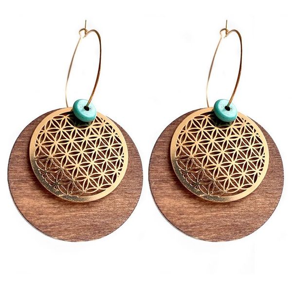 

hoop & huggie filigree metal disc wood earrings, Golden;silver