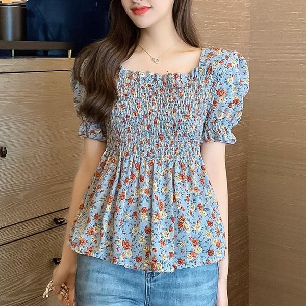 

women's blouses & shirts casual pleated floral printed korean summer 2021 chiffon womens vintage harajuku woman mujer 15330, White
