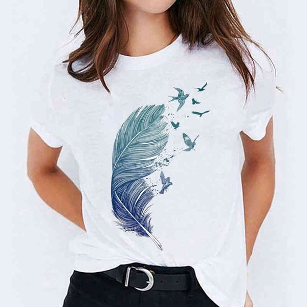 

women's t-shirt t-shirts for women watercolor feather bird cartoon 90s casual print lady womens graphic t shirt ladies female, White