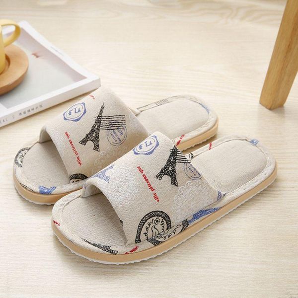 

women men cotton linen open toe house slippers floral iron tower print indoor comfort slip-on slide anti slip shoes, Black