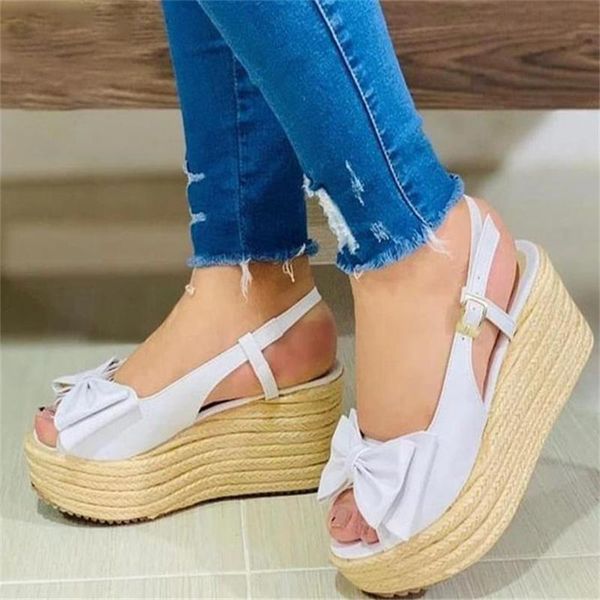 

sandals 2021 women summer bow platform fashion ladies plus size buckle wedges shoes rome peep toe footwear, Black