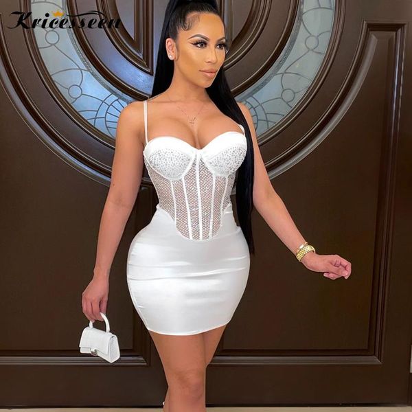 

casual dresses kricesseen white crystal drilling mini dress women summer strap mesh patchwork bodycon glitter clubwear, Black;gray