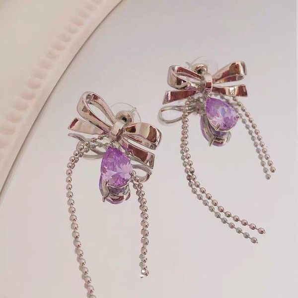 

dangle & chandelier women fashion long tassel bowknot purple crystal metal drop earrings for girls party wedding jewelry gifts, Silver