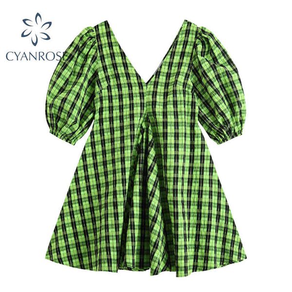 Summer Beach Donna Vintage Green Plaid Crop Dress Scollo a V Manica corta E-Girl Abiti Street Club Loose Ins Vestidos Mujer 210417