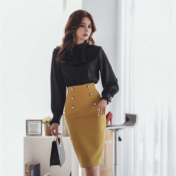 

spring summer fashion elegant women chiffon stitching fake two-piece slim high waist bag hip dress 210531, Black;gray
