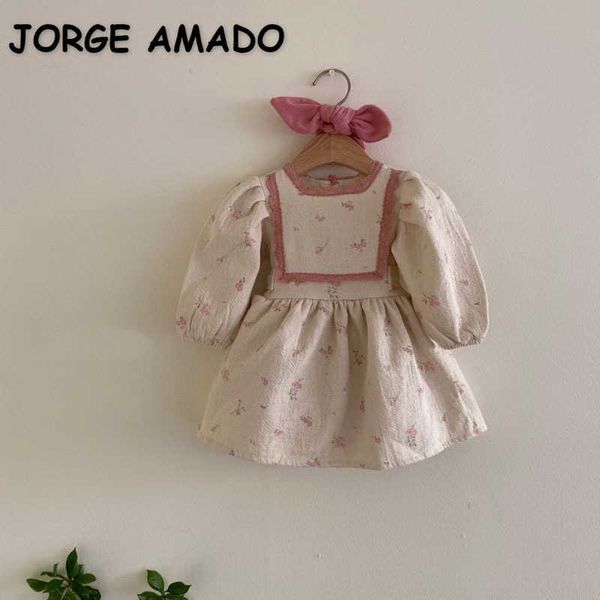 

korean style spring kids girls dress floral long puff sleeves with sashes cute fashion clothes e1501 210610, Red;yellow