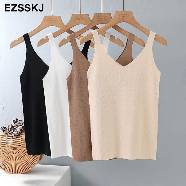 

summer spring solid v-neck knit basic tank women cami korean camisole elastic vest knit female camis s 210616, White