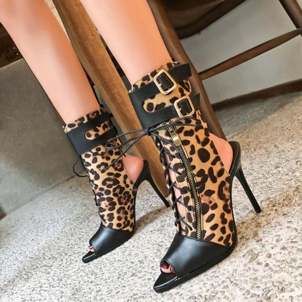 

leopard stiletto thin high heels gladiator sandals women summer ankle boots peep toe zipper buckle rome shoes plus size dress, Black