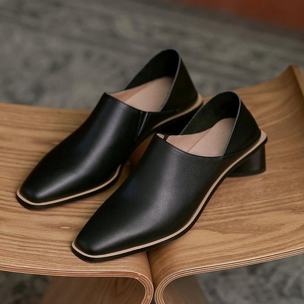 

genuine leather slip-on women shoes spring/autumn concise mules pumps square toe thick heel platform woman size 34-40 dress, Black