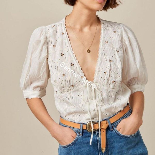 

women's suits & blazers suit deep v-neck blouse for women white embroidery floral lace-up short sleeve buttons spring summer female shi, White;black