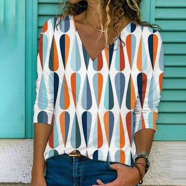 

spring autumn diamond color women shirt print elegant v neck long sleeve casual loose streetwear blusa, White